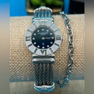 Charriol Geneve Silver Cable Bracelet Watch with Black Dial with diamonds